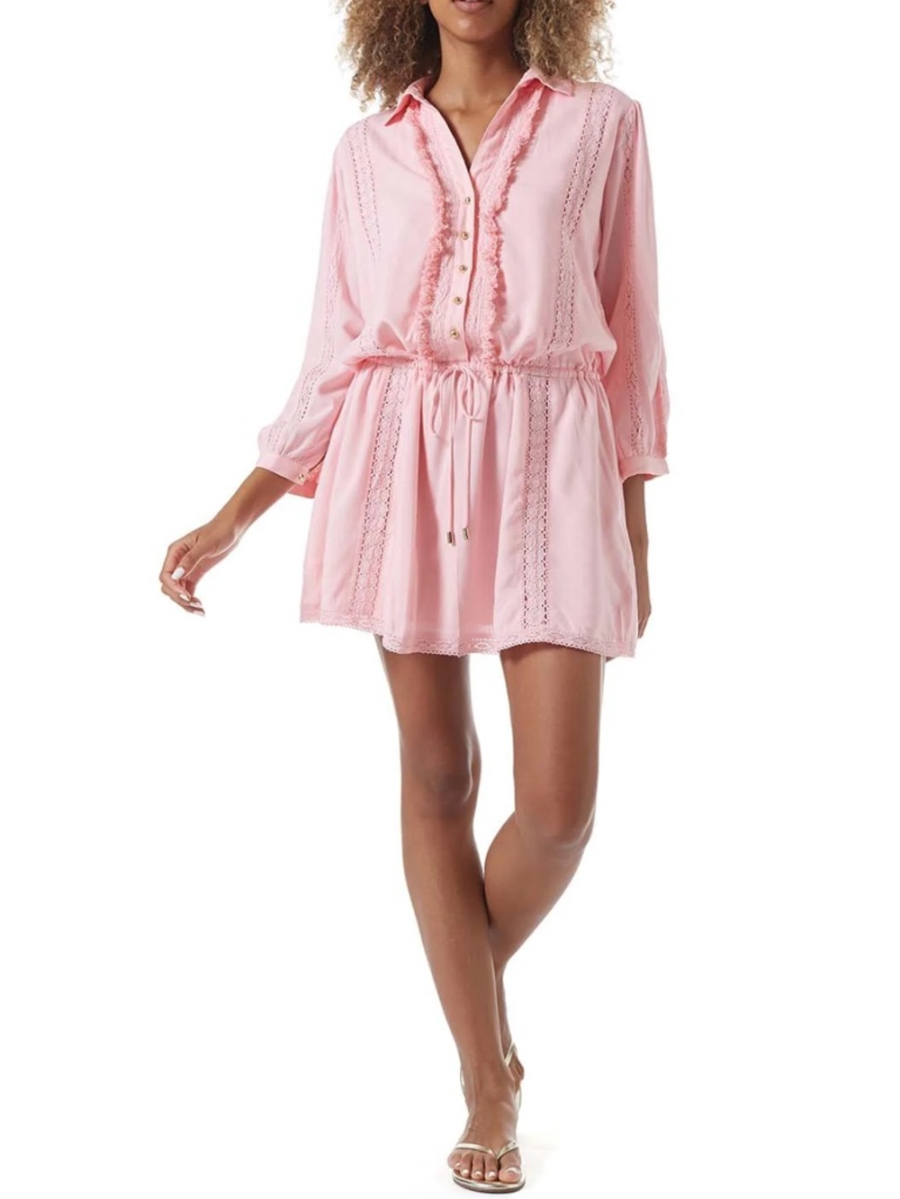 Melissa Odabash Scarlett Long Sleeve Mini Dress Size S Pink Lace-Trim Beach Chic